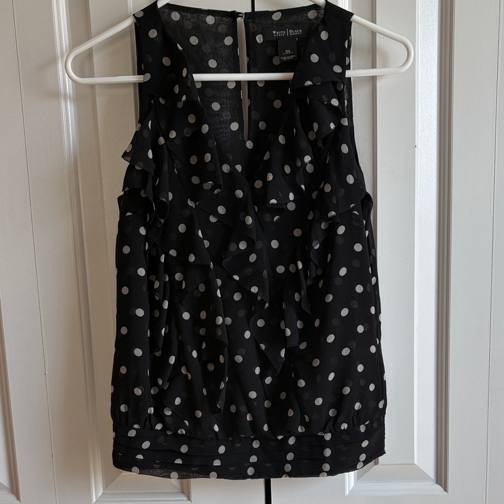 White House Black Market Black and White Polka Dot Blouse with Ruffles - Picture 2 of 5